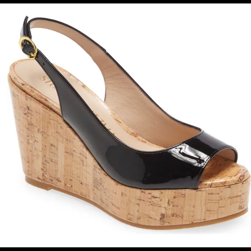Stuart Weitzman Patent Leather Open Toe Slingback Cork Wedges Sz 41.5/11… - Picture 3 of 8